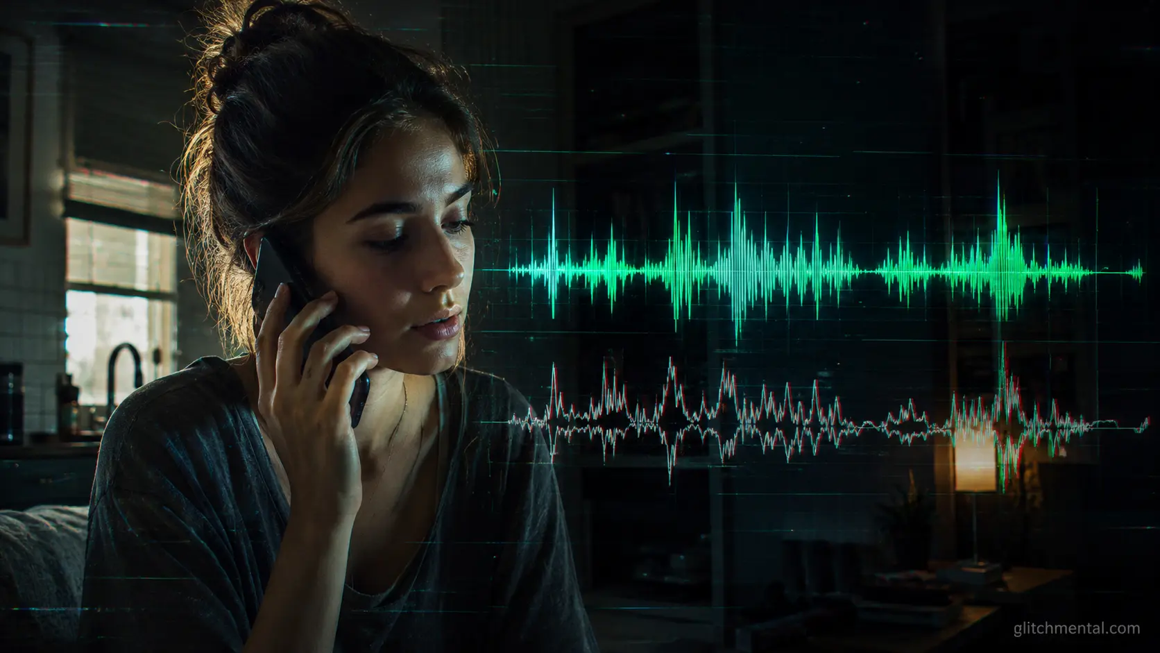 Biometría de voz: onda de audio bifurcada tras mujer hablando por celular, huella vocal clonada en autenticación bancaria