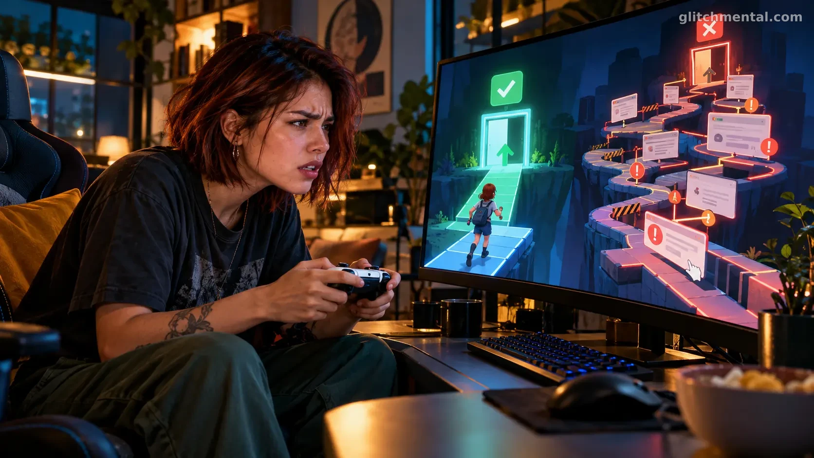 Persona frustrada frente a un videojuego que representa los obstáculos para cancelar una suscripción digital