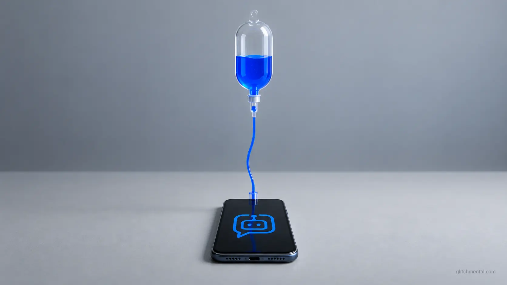 Detox de IA: suero conectado a un smartphone con icono de inteligencia artificial