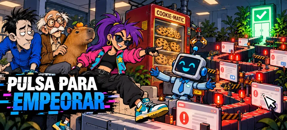 Pulsa para Empeorar, el videojuego de glitchMentalMX: cinco personajes en una sala de espera con una máquina de cookies y un asistente robot.
